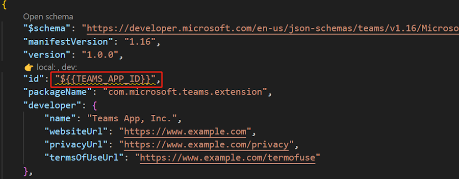 Screenshot shows the Teams app ID in manifest file.