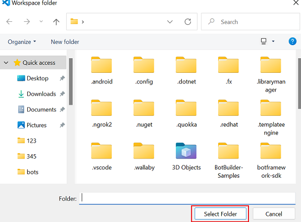 Screenshot shows how to select the location for the project workspace folder.