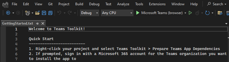 Screenshot shows the Getting Started teams toolkit page.