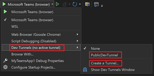 Screenshot shows the dev tunnel for debug option.