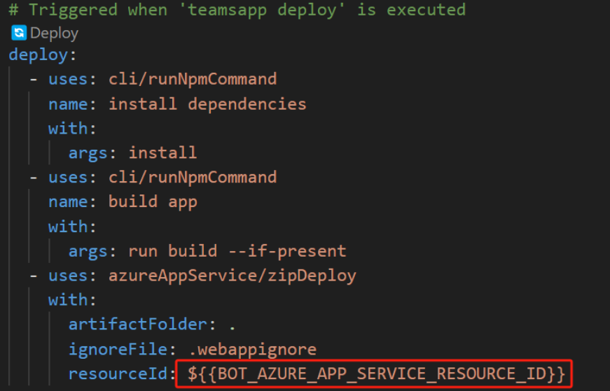 Screenshot shows the bot Azure app service resource ID in teamsapp.yml file.