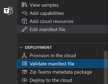 Teams Toolkit 'Validate manifest file' option under 'Deployment' menu