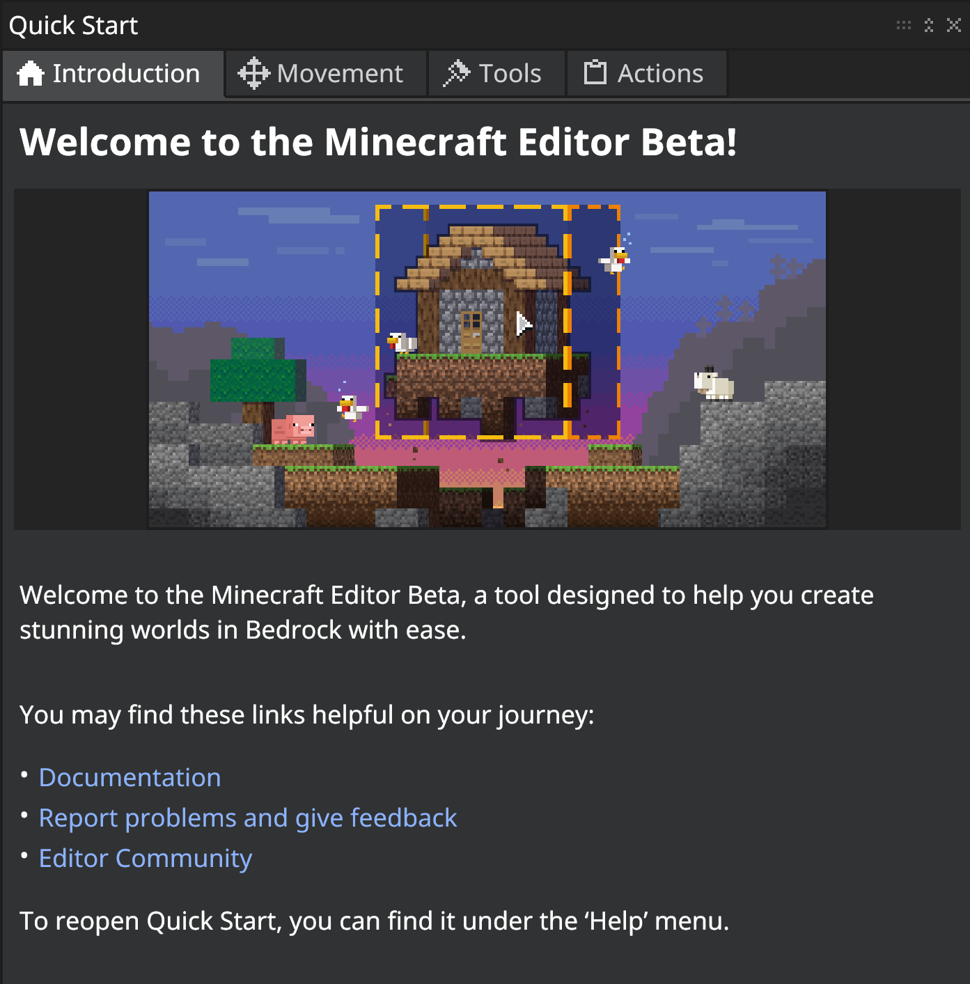Animation of the parts of the Quick Start Welcome screen