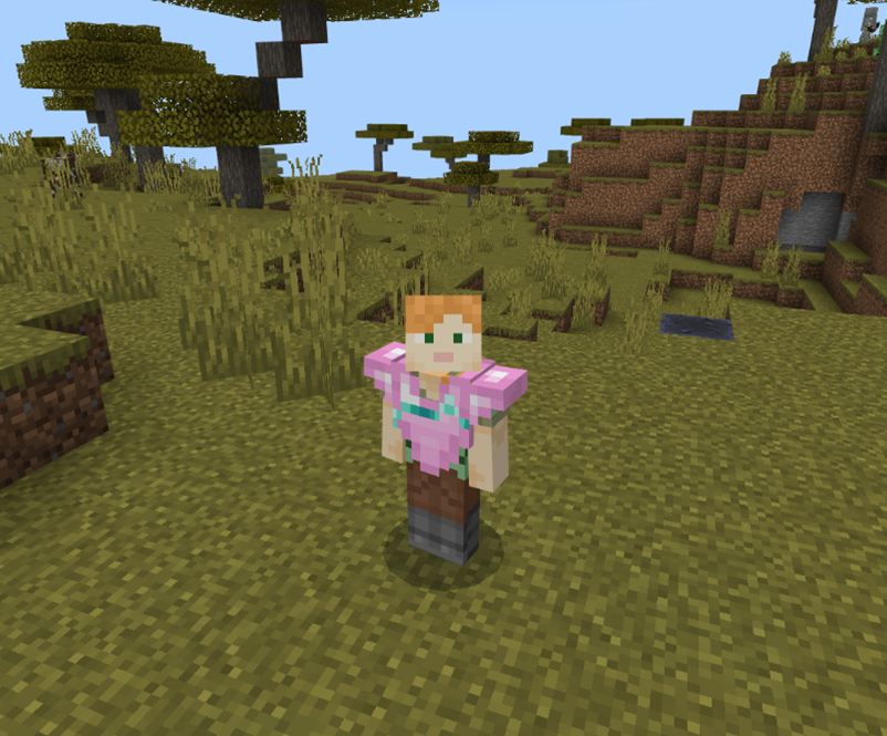 Image of Minecraft Alex in her beautiful custom trimmed pink chestplate.