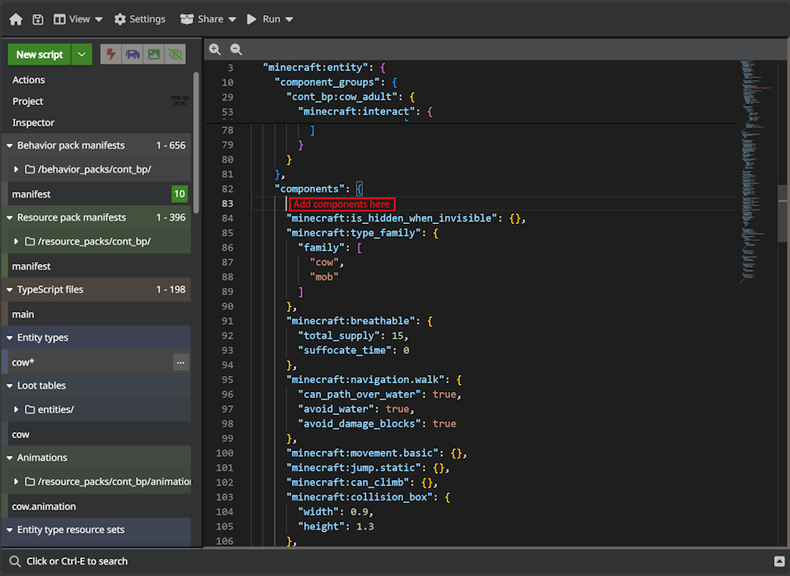 Image of the cow component section, components should be inserted