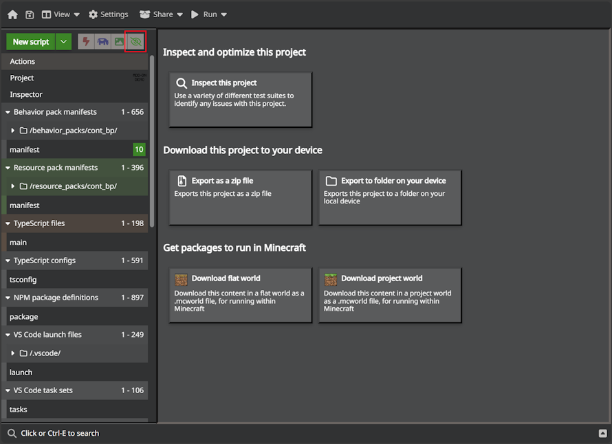 Image of the mctools.dev new project, with the "eye" button highlighted