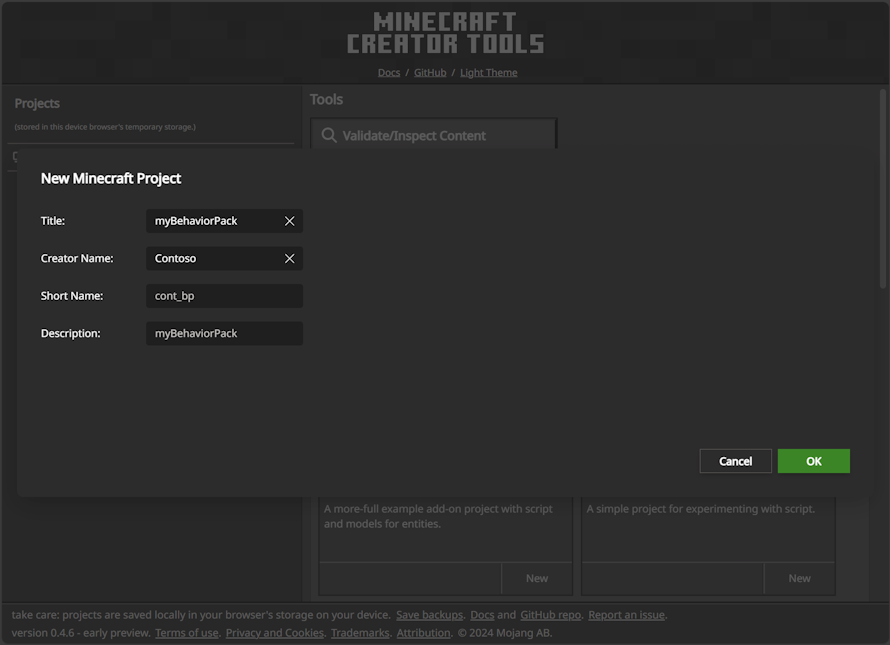 Image of the mctools.dev new project dialog