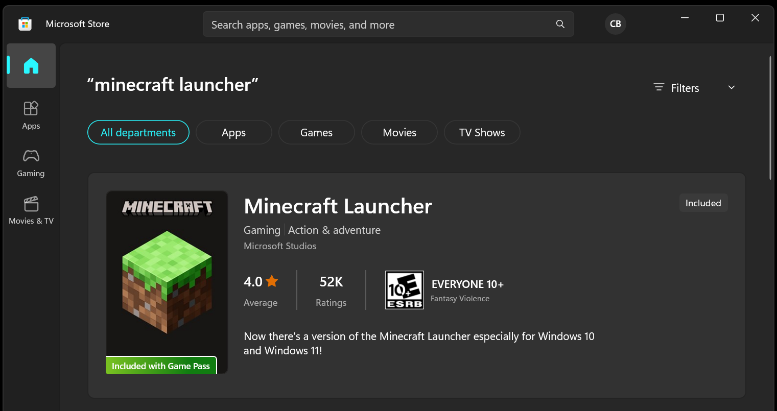 Image of Minecraft Launcher app in the Microsoft Store
