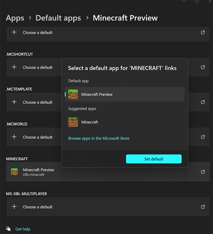 Apps > Default Apps window where you can set Minecraft Preview as the default app.