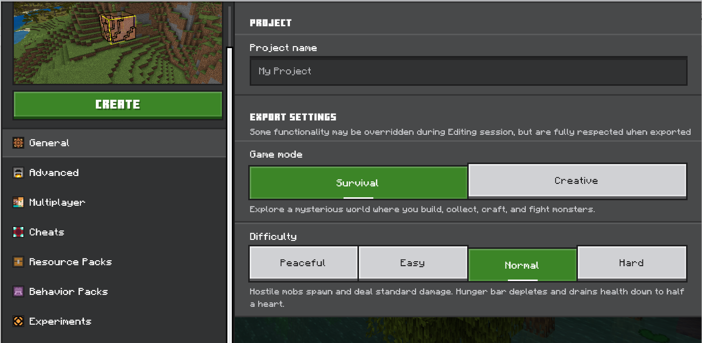 Image of the Minecraft Editor configuration page