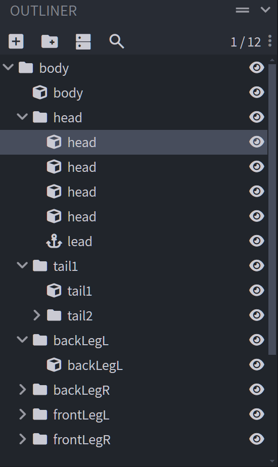 Outliner pane of Blockbench