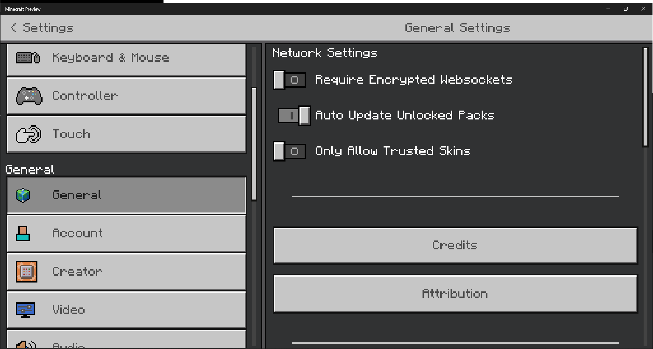 image of Minecraft Settings screen. General tab, with 'Only Allow Trusted Skins' toggled off