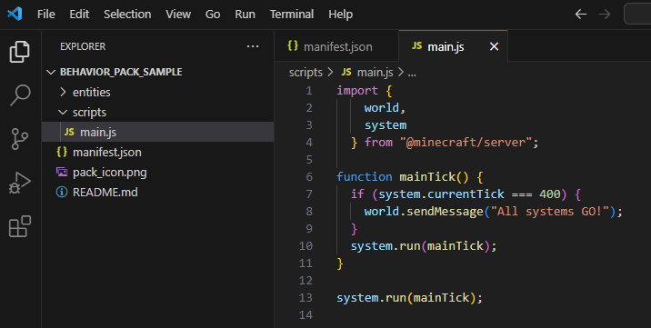 Image of a main.js file with the JavaScript example code in it