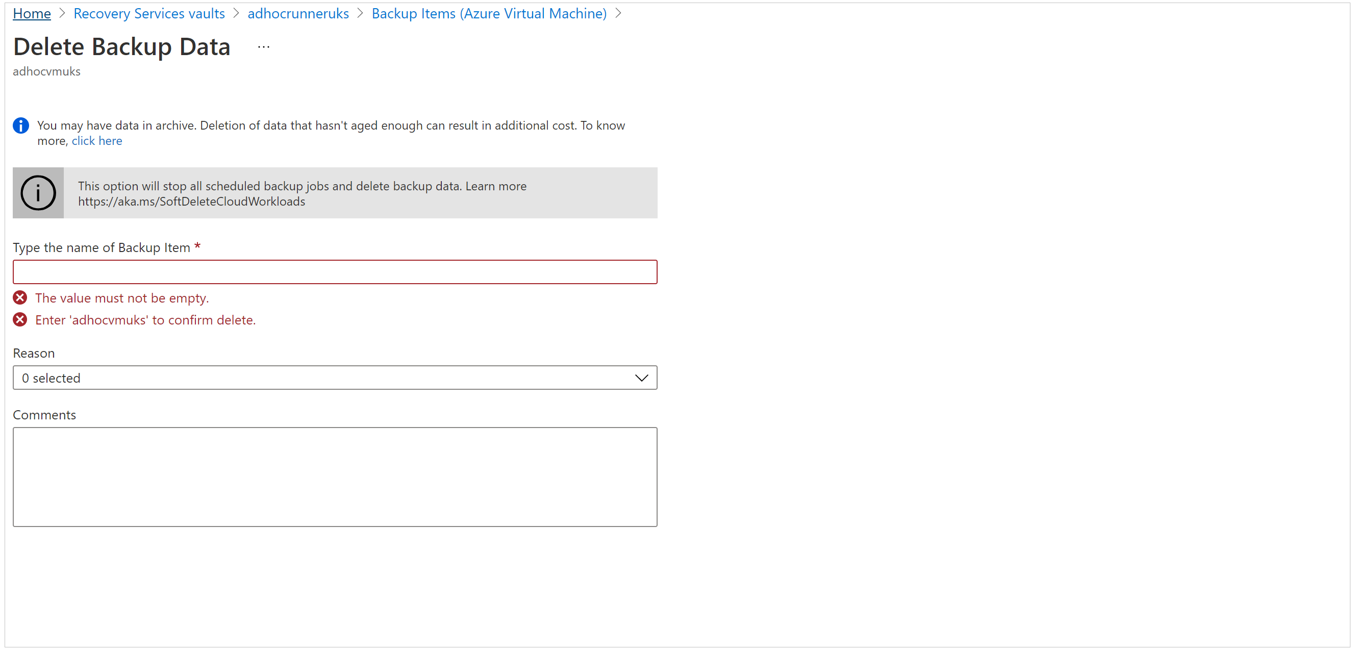 Screenshot that shows the Delete Backup Data pane.