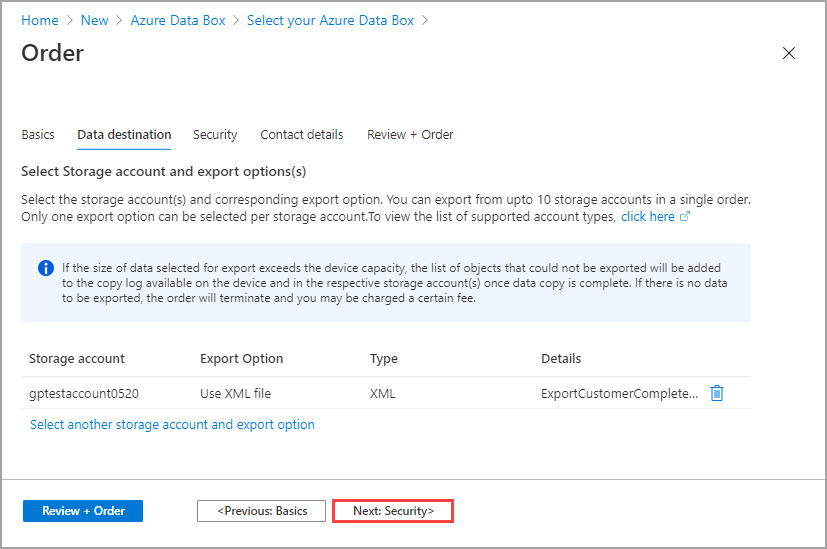 Screen capture of the confirmation that an XML file is added to a container.