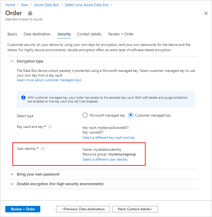 Screen capture showing a selected User Identity in the Data Box export order's Security tab.