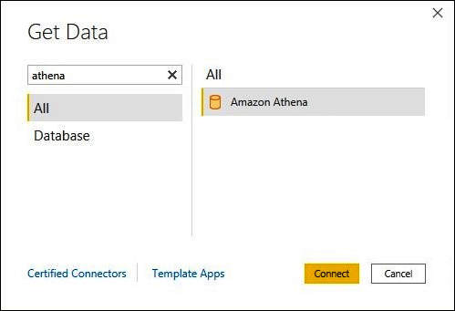 Screenshot of the Get data dialog where you select Amazon Athena.
