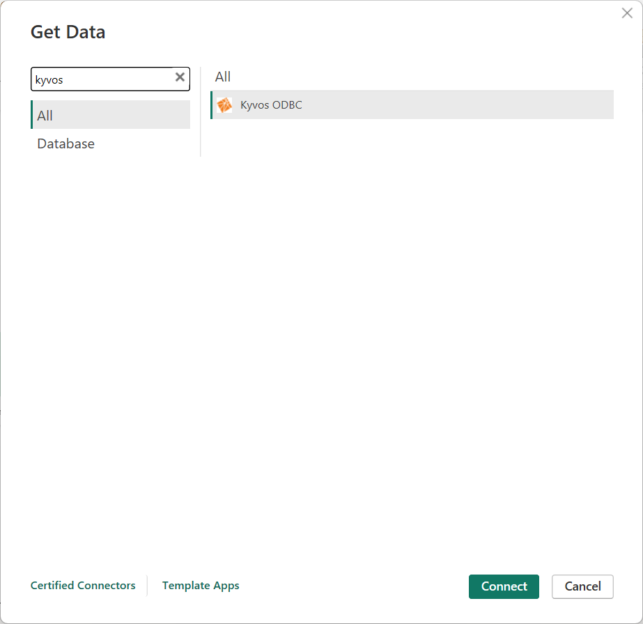 Screenshot of the Get Data dialog, showing the Kyvos ODBC Connector selection.