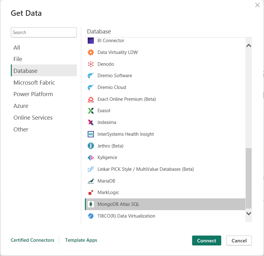 Screenshot of the Get data dialog with the MongoDB Atlas SQL connector selected.