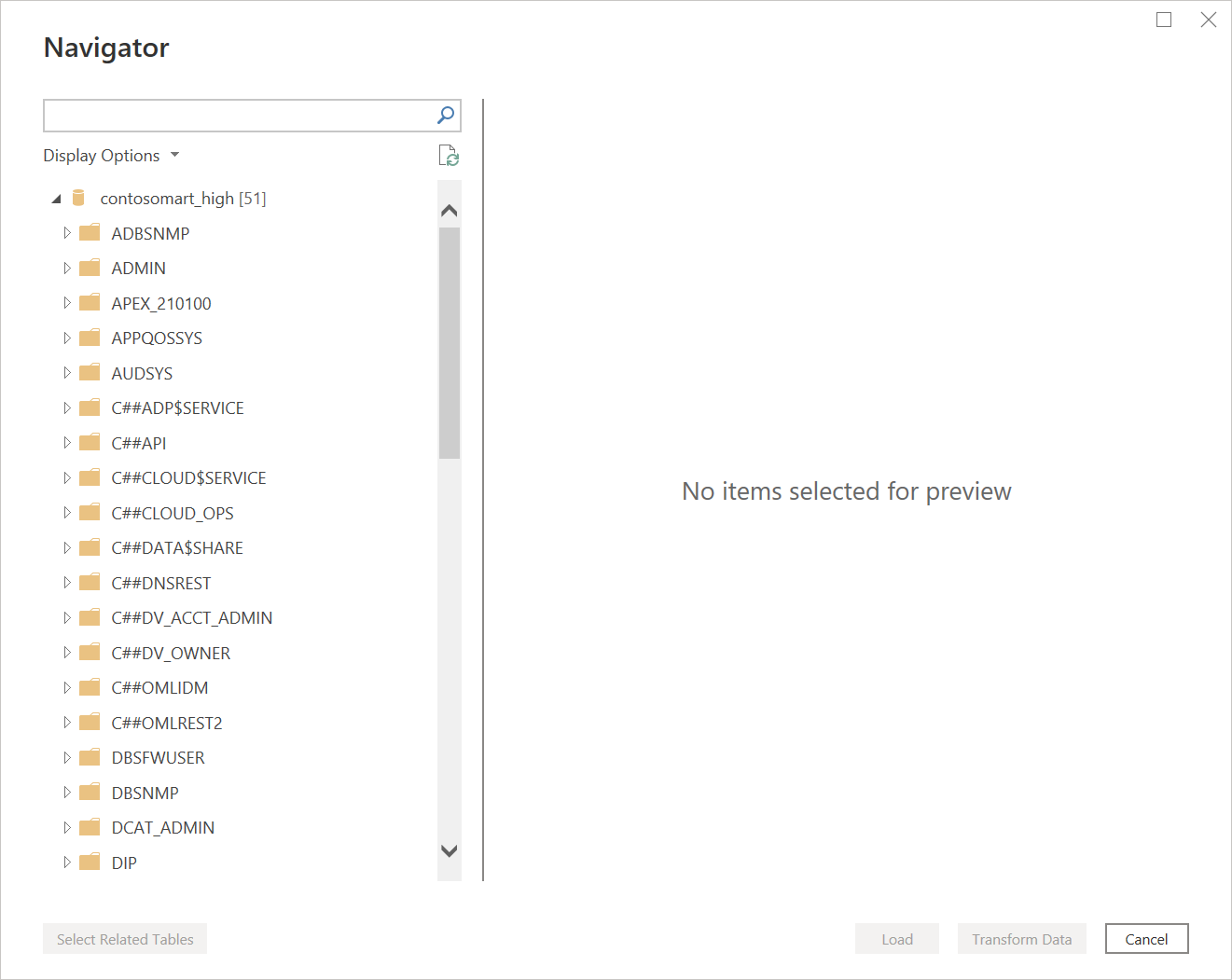 Screenshot of the Navigator with the contosomart_high database open.