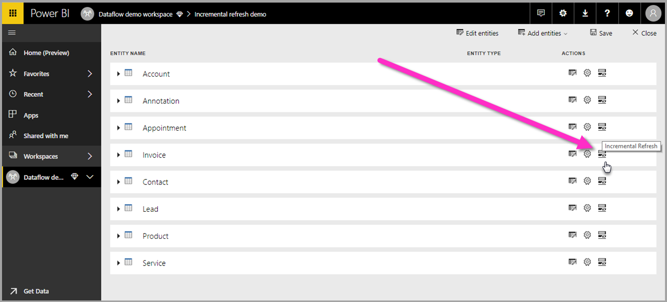 Screenshot of Power BI with the incremental refresh icon for dataflows emphasized.