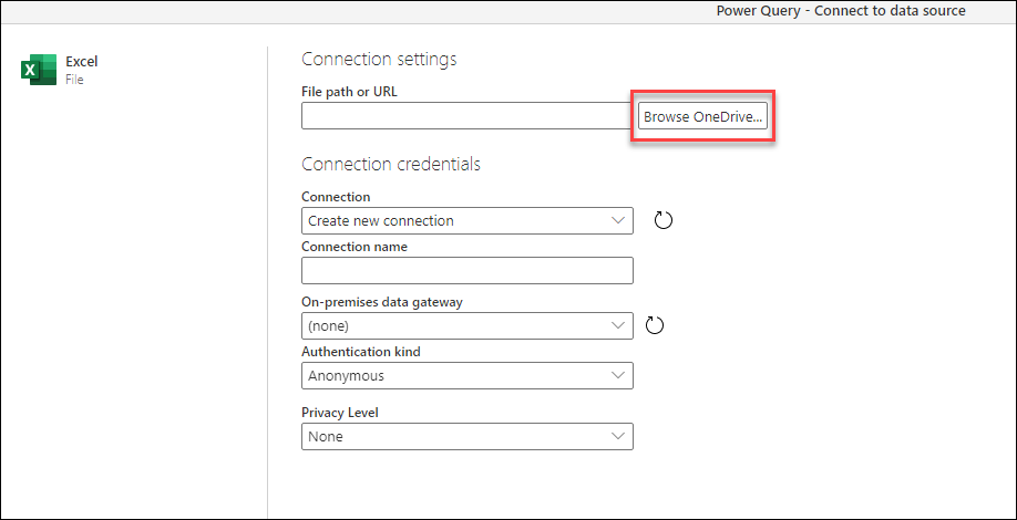 Screenshot of the Excel connector's Connect to data source pane with the Browse OneDrive button emphasized.