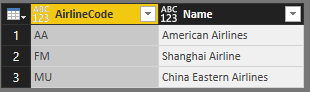 Screenshot of a Power Query table containing the AirlineCode and Name columns.