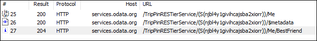 Screenshot of the Fiddler output screen with the three OData requests displayed.
