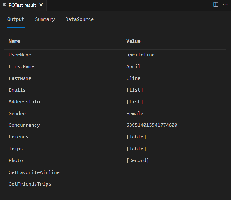 Screenshot of the PQTest result showing the Record value for the Me singleton.