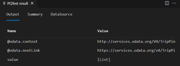 Screenshot of the PQTest result with a value field containing an embedded list.