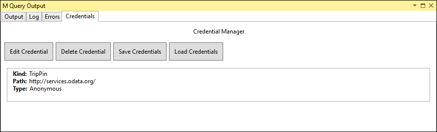 Screenshot of the M query output showing the cached credentials in the credentials tab.