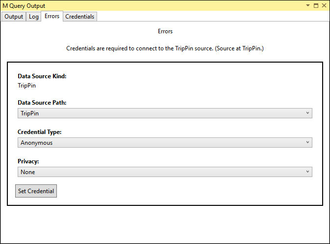 Screenshot of the Errors tab of the M query output showing the credential message referencing only the TripPin path.