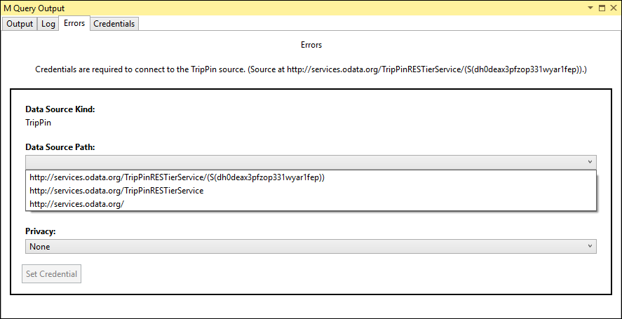Screenshot of the Errors tab of the M query output showing the credentials message.