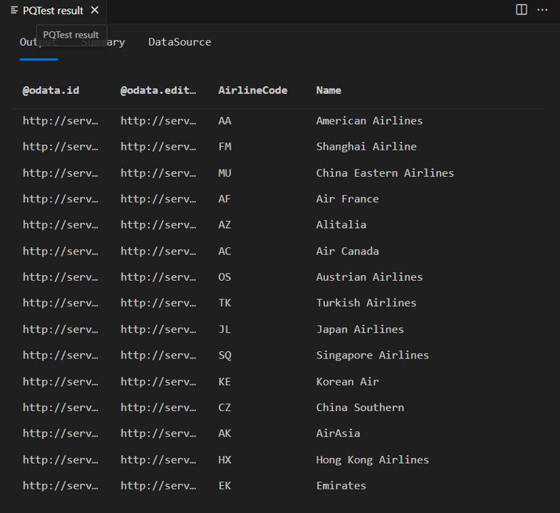 Screenshot of the Output tab of the PQTest results with the four columns and their data displayed.