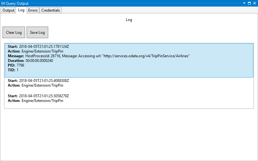 Screenshot of the M query output showing the accessing URL message.