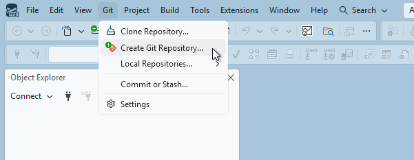 Screenshot of the Create Git Repository option from the Git menu in SQL Server Management Studio.