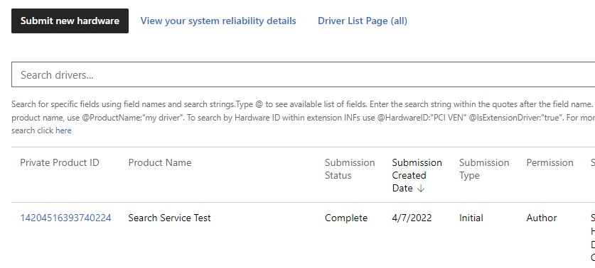 Screenshot of the list of hardware submisssions.