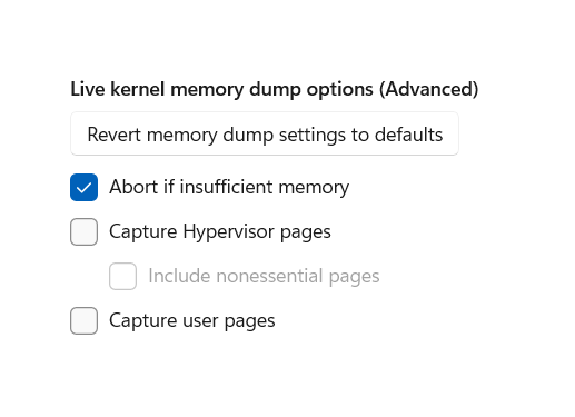 Screenshot of Task Manager settings showing live kernel memory dump advanced options including Capture Hypervisor memory pages and Capture User Pages checkboxes.
