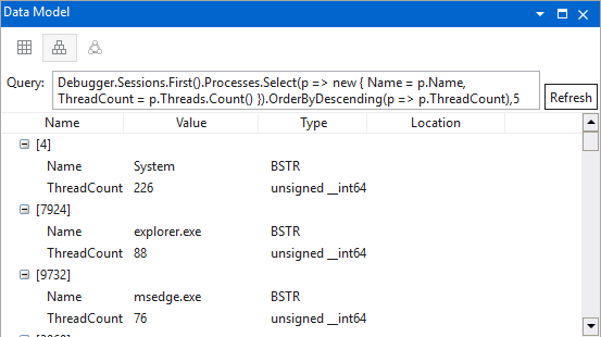 Screenshot of data model explore window displaying process and threads.
