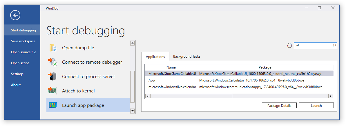 Screenshot of the Launch app package option  and Applications tab in WinDbg with cal in the search box and three apps listed.