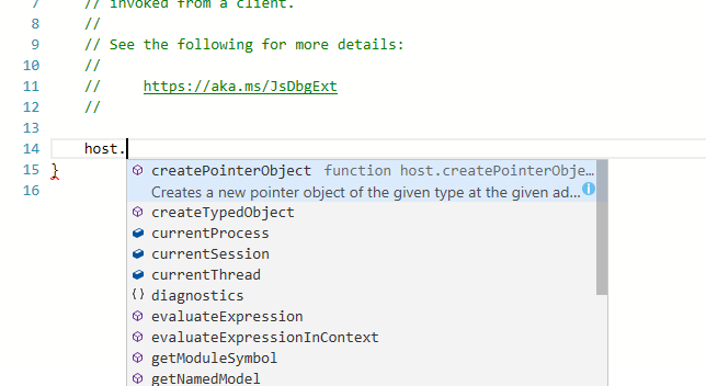 Screenshot of the Scripting window in WinDbg with IntelliSense and error highlighting.