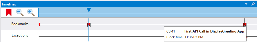 Screenshot of WinDbg timeline with three bookmarks and a tooltip that displays the bookmark name.