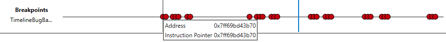 Screenshot of a timeline in the debugger displaying approximately 30 breakpoint indicators.