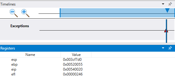 Screenshot of a timeline in the debugger displaying the demo lab exception and the Registers window.