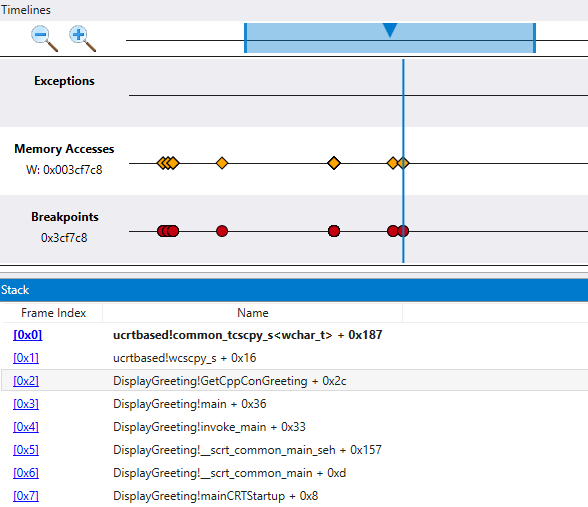 Screenshot of a timeline in the debugger displaying Memory access timelines and Stack windows.