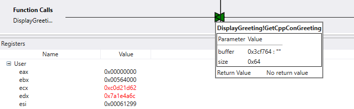 Screenshot of a timeline in the debugger displaying function calls and the Registers window.