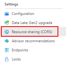 Screenshot of the CORS setting menu in the Azure portal.