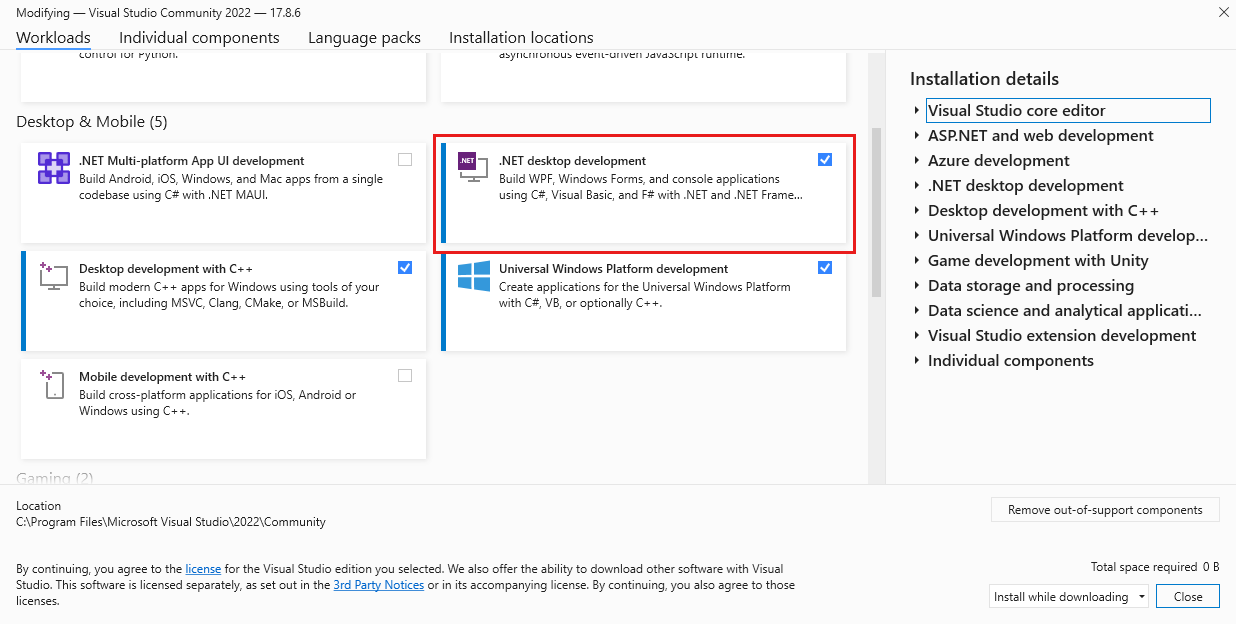 Enable .NET desktop development