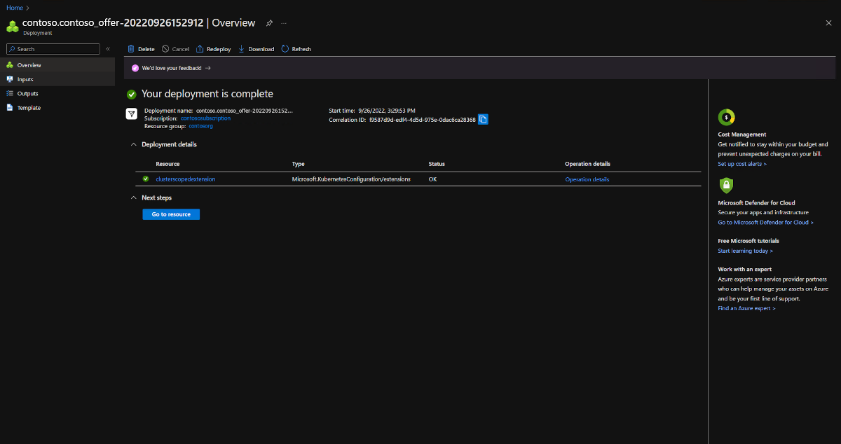 Screenshot of the Azure portal that shows a successful resource deployment to the cluster.