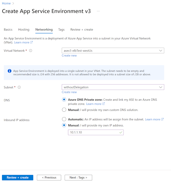 Screenshot that shows App Service Environment networking (ASE Internal) selections.